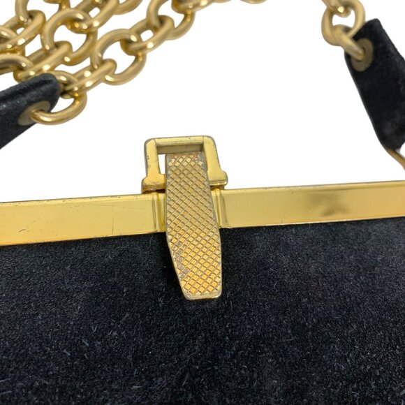 VTG JUMBO Coin Purse: Black Suede Saddle Shoulder Bag Gold Chain Handle & Frame - Picture 3 of 10